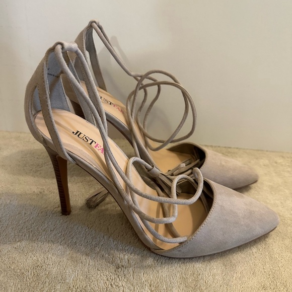 JustFab Women's Taupe Lace-Up Heels - Picture 1 of 5